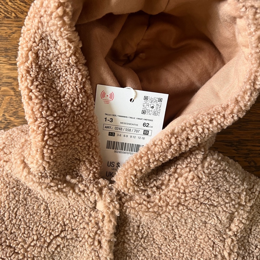 Zara Baby Cozy Tan Sherpa/Teddy Hooded onesie.